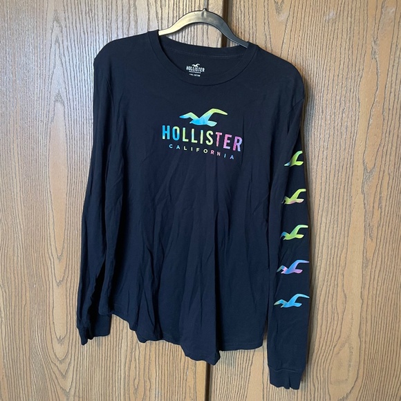 HOLLISTER MENS LONG SLEEVE BLACK SHIRT SIZE L HOLOGRAPHIC SEAGULL LOGOS - Picture 1 of 4